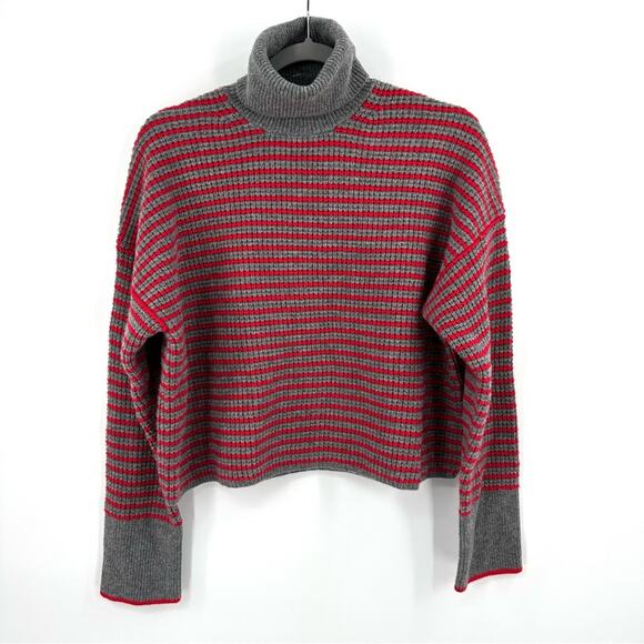 Madewell Wool Waffle Knit Red and Gray Striped Turtleneck Sweater Size M NWOT - Picture 1 of 8
